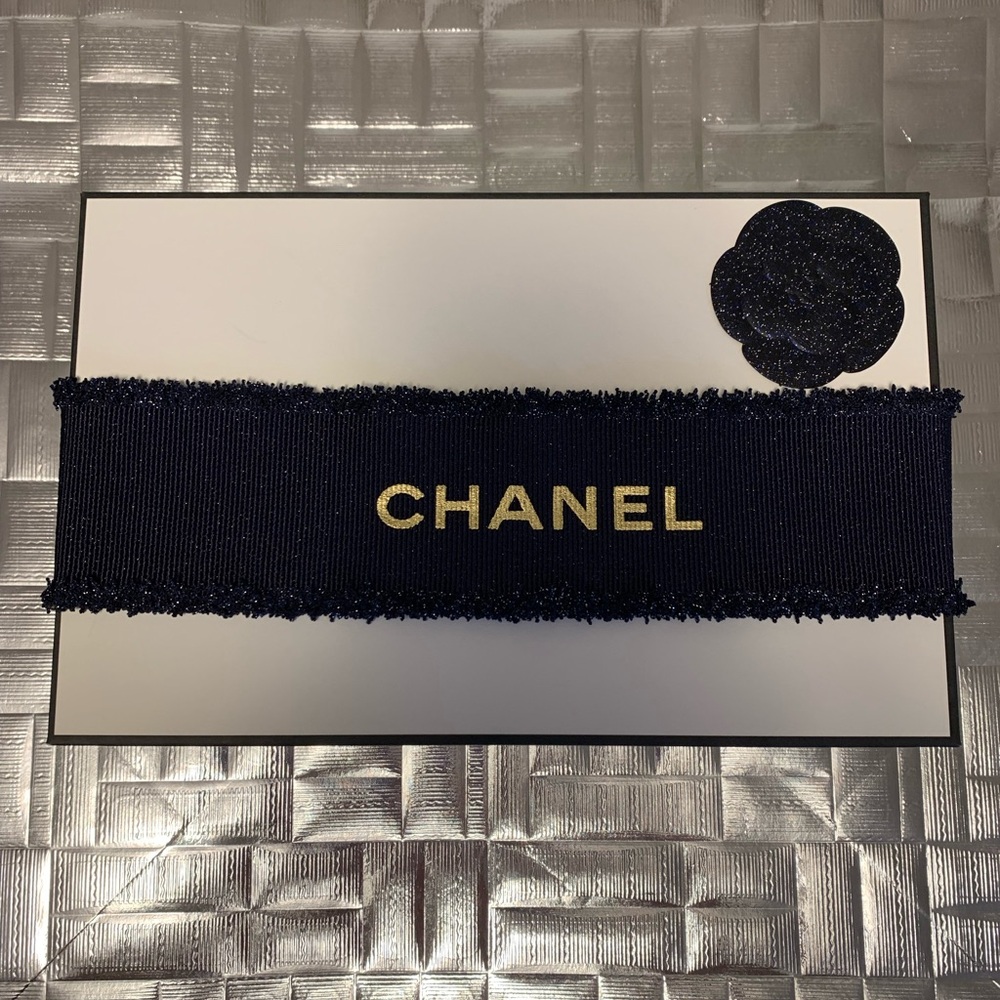 CHANEL White Gift Box with Luxurious Navy Ribbon & Camellia with Chanel Tissue